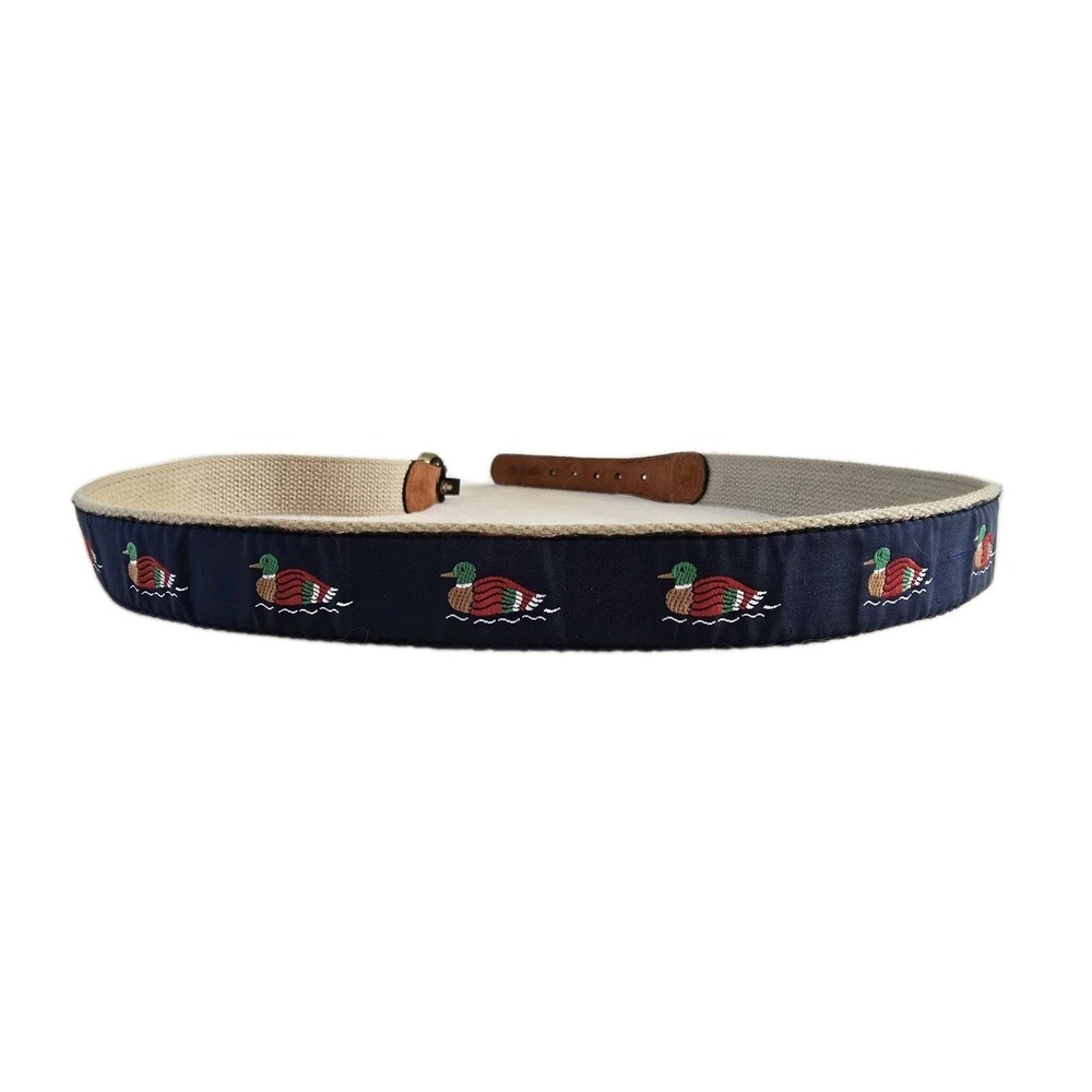 Mens Classic Duck Ribbon Belt Brown Leather Brass Buckle By Canterbury Vintage